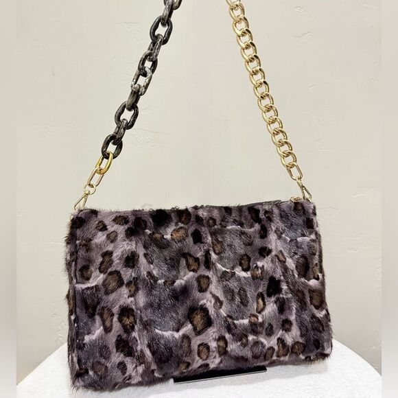 Leopard Real Mink Fur Handmade Large Clutch/Shoulder Bag/Crossbody, Multi Use - Picture 1 of 16